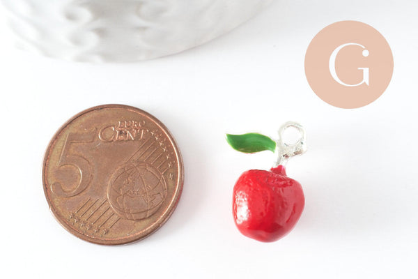 Pendentif pomme émaillé rouge zamac argenté 18.5mm, x1 (G4299)