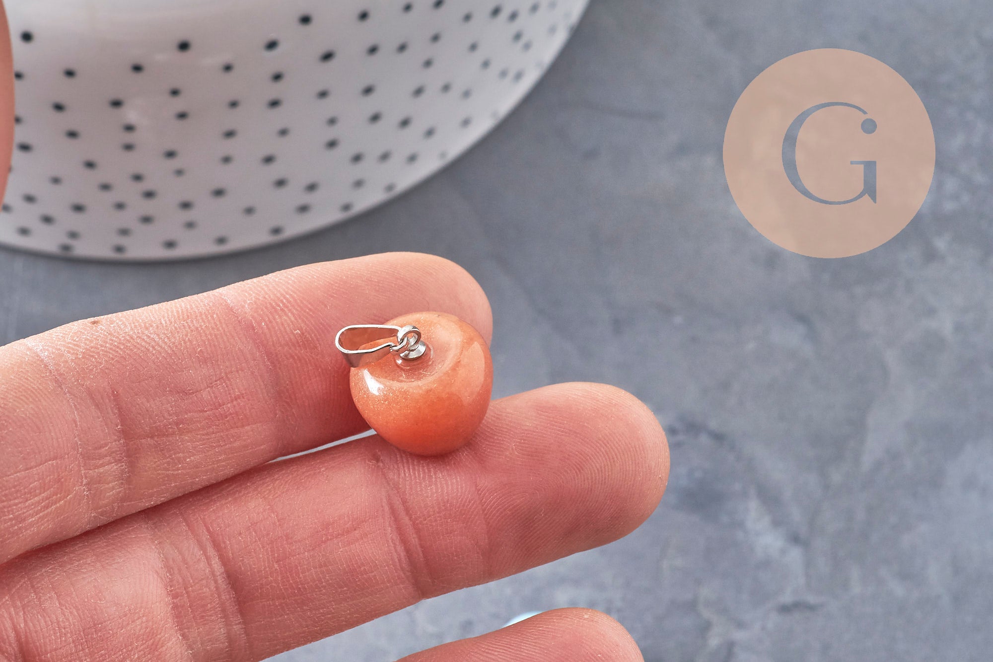 Pendentif pomme pierre naturelle acier inoxydable platine 14-15mm, x1 (G7109)