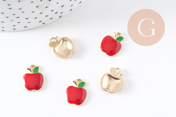 Pendentif pomme rouge zamac doré 15mm, x5 (G5473)
