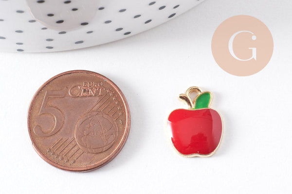 Pendentif pomme rouge zamac doré 15mm, x5 (G5473)