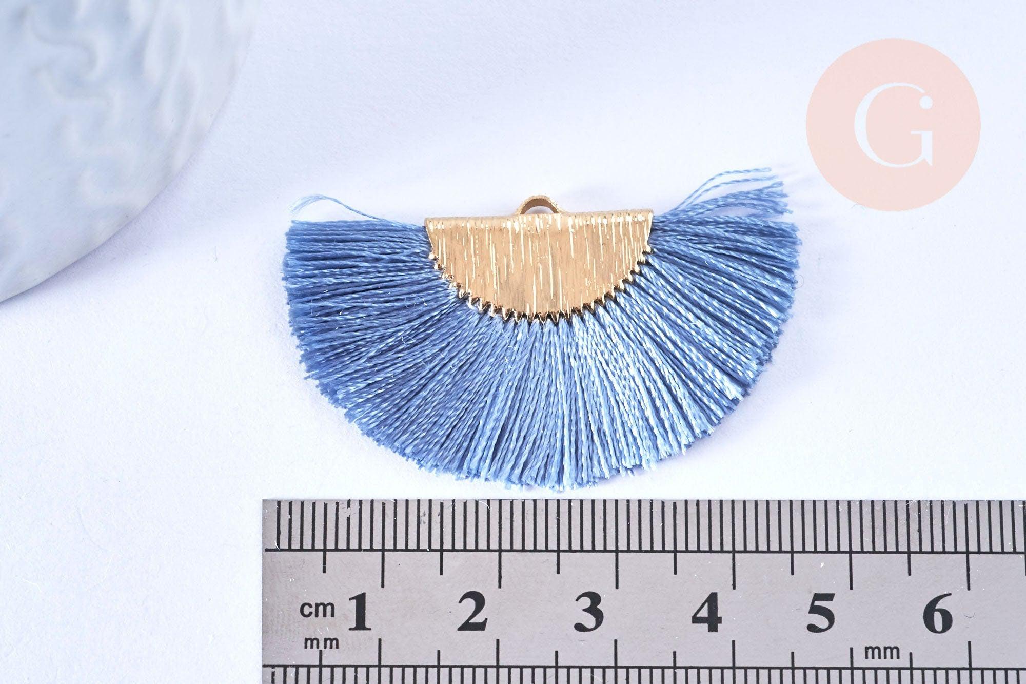 Pendentif pompon éventail fil bleu or,pendentif en laiton doré et fil,47mm, x2 (G5494)