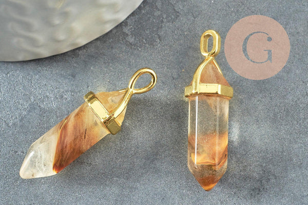 Pendentif quartz peau de tigre pointe zamac doré 37-40mm, création bijoux pierre naturelle, x1 G4446