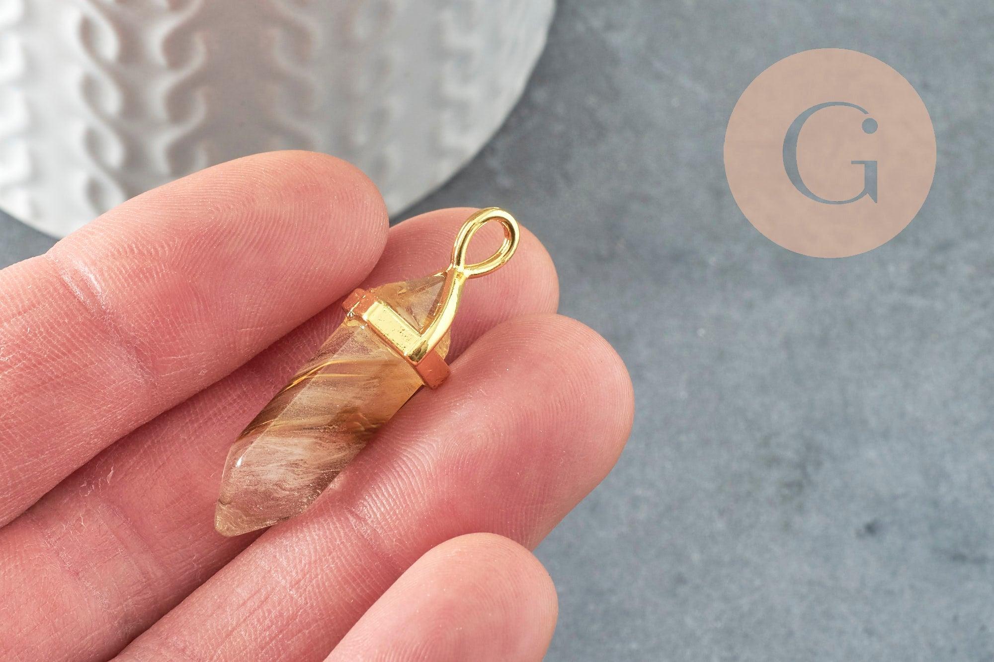 Pendentif quartz peau de tigre pointe zamac doré 37-40mm, création bijoux pierre naturelle, x1 G4446