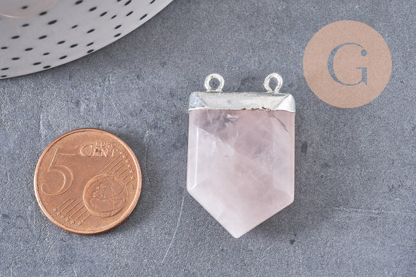 Pendentif quartz rose hexagone argenté,pendentif bijoux pierre,quartz rose naturel,28mm x1 (G5197)