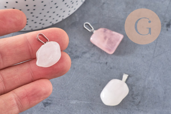 Pendentif quartz rose roulé acier platine, pendentif pierre acier inoxydable, bijou pendentif pierre naturelle,15-35mm, x1, G3942