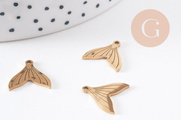 Pendentif queue de poisson acier 201 inoxydable doré 14mm, x2 (G10223)