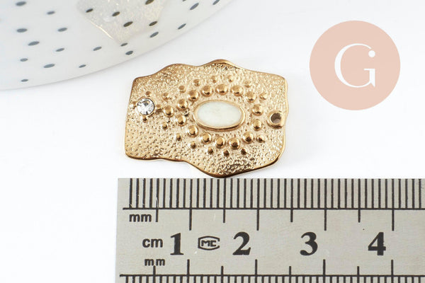 Pendentif rectangle 304 inoxydable doré PVD résine blanche zircon 25mm, x1 (G9410)