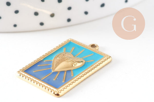 Pendentif rectangle coeur émaillé bleu acier 304 inoxydable doré IP 28mm, x1 (G10801)