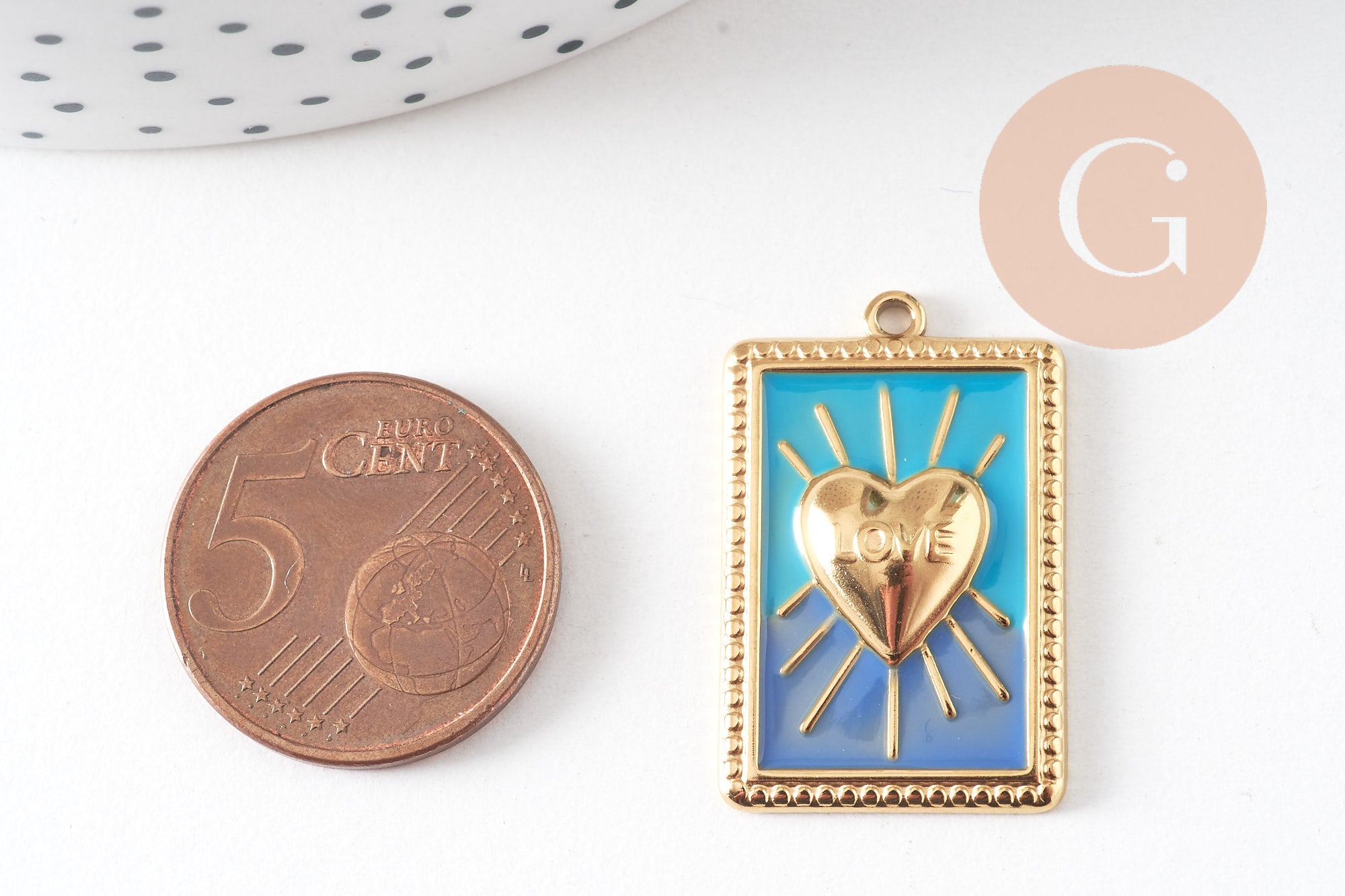 Pendentif rectangle coeur émaillé bleu acier 304 inoxydable doré IP 28mm, x1 (G10801)