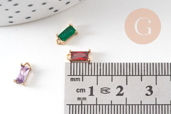 Pendentif rectangle doré 24 carats zircon multicolore,pendentif cristal, pendentif doré cristal, création bijoux,4x9mm, x10 (G3232)