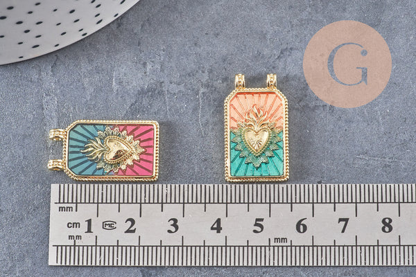 Pendentif rectangle émaillé coeur sacré laiton 18K 26.5mm, x1 (G10944)