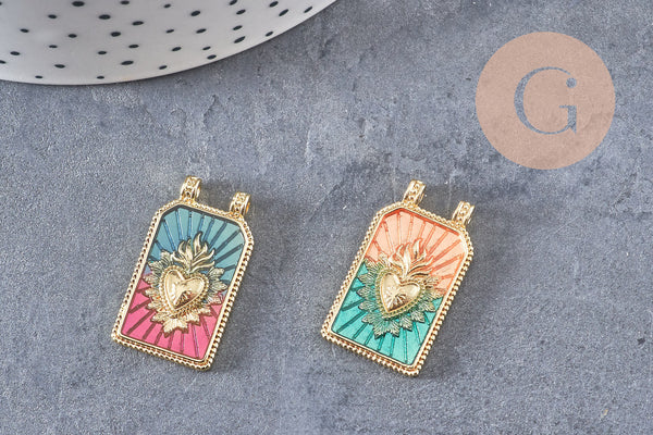 Pendentif rectangle émaillé coeur sacré laiton 18K 26.5mm, x1 (G10944)
