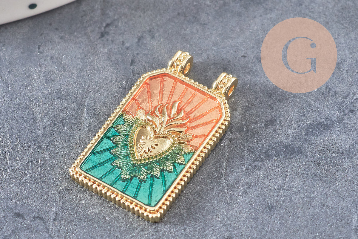 Pendentif rectangle émaillé coeur sacré laiton doré 26.5mm, x1 (G10944)
