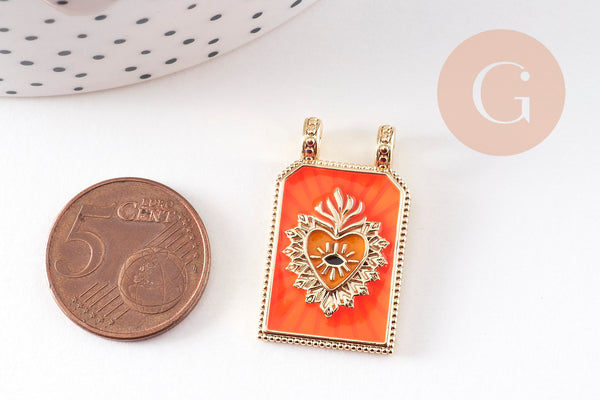 Pendentif rectangle émaillé coeur sacré laiton doré 29mm, x1 (G10942)