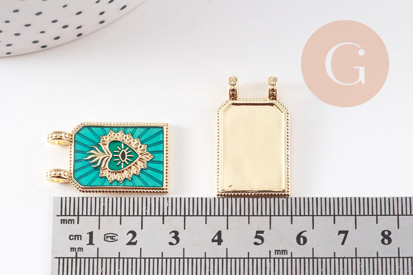 Pendentif rectangle émaillé coeur sacré laiton doré 29mm, x1 (G10942)