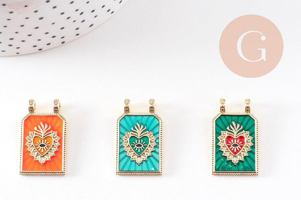 Pendentif rectangle émaillé coeur sacré laiton doré 29mm, x1 (G10942)