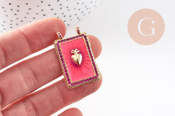 Pendentif rectangle émaillé coeur sacré rose zircons laiton doré 36mm, x1 (G10941)