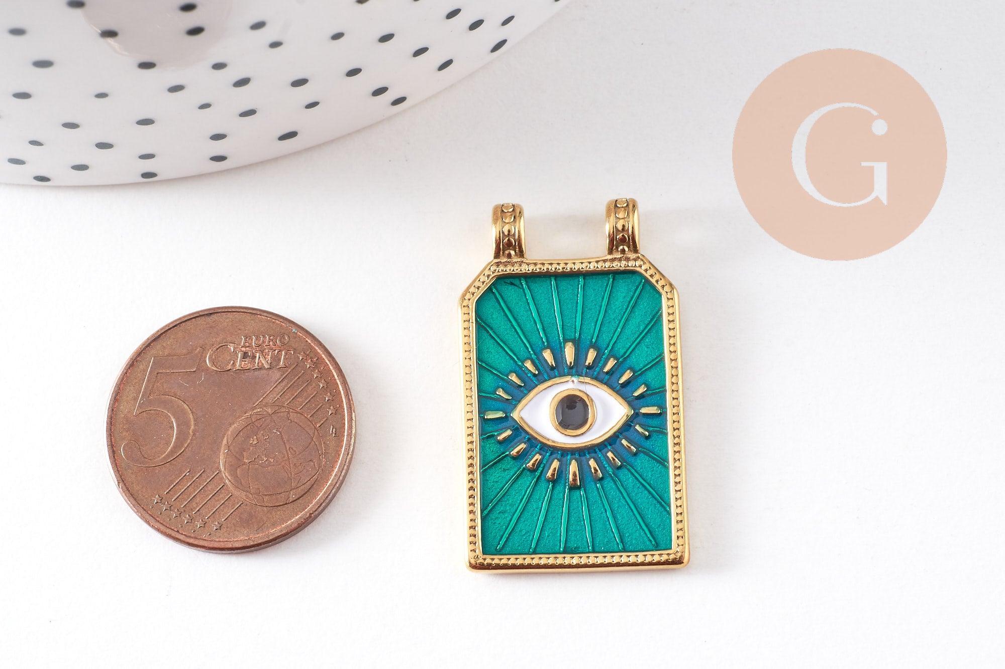Pendentif rectangle émaillé oeil protecteur coeur sacré acier 304 inoxydable doré PVD 32mm, x1 (G10531)