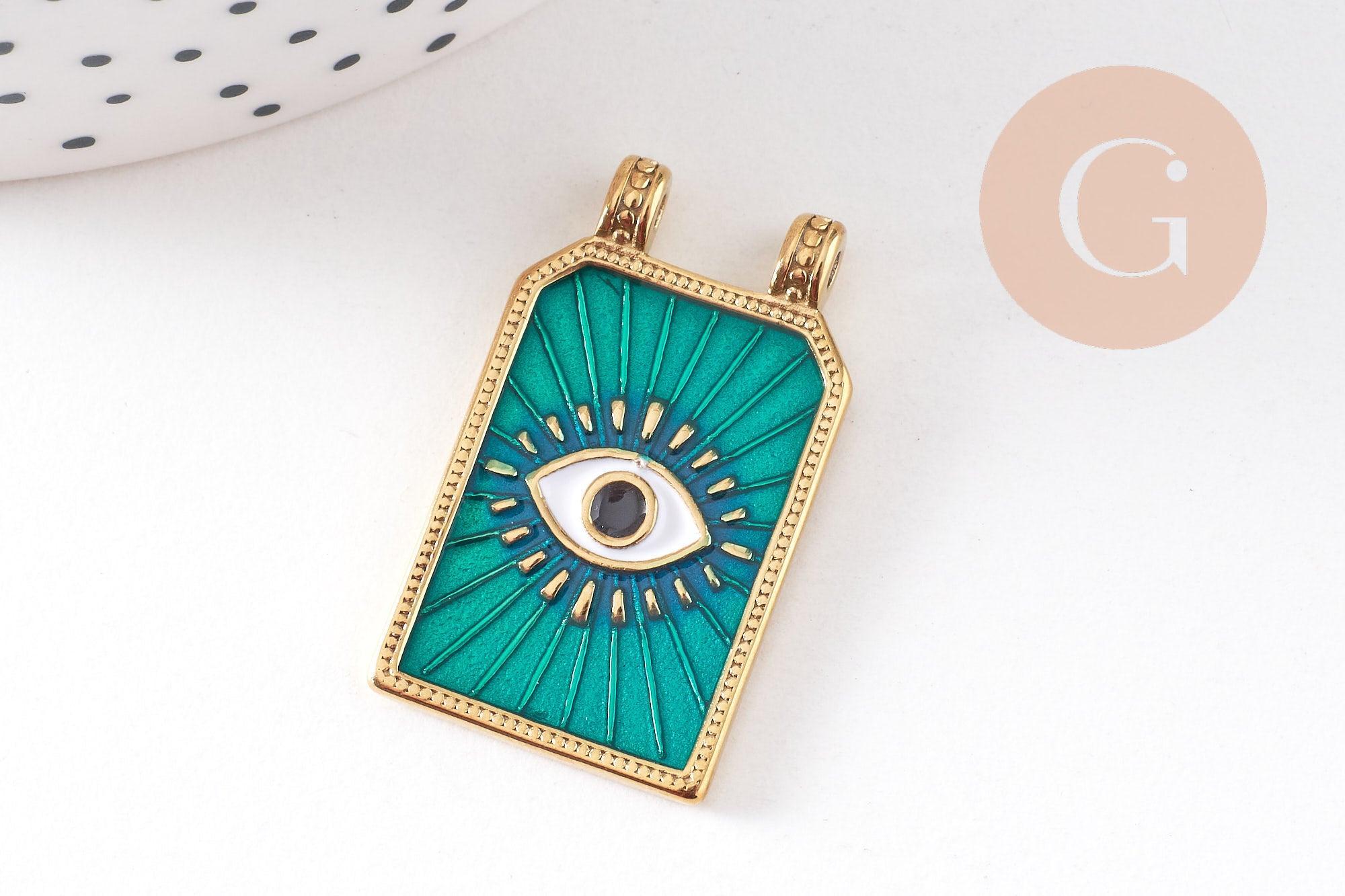 Pendentif rectangle émaillé oeil protecteur coeur sacré acier 304 inoxydable doré PVD 32mm, x1 (G10531)