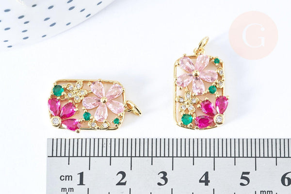 Pendentif rectangle fleurs laiton doré 16k cristal 21.5mm,sans nickel,cadeau anniversaire,pendentif animal, Pendentif zircon, x1 (G6676)