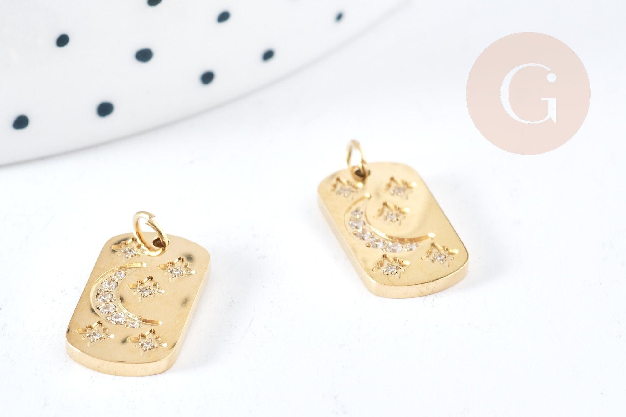 Pendentif rectangle lune étoiles zircons acier 316 doré inoxydable 15mm, x1 (G8817)