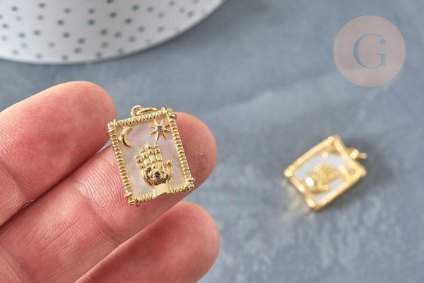 Pendentif rectangle main mauvais œil mystique nacre laiton doré zircon 18K,Pendentif doré carte de tarot, x1 (G7378)