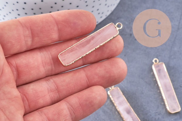 Pendentif rectangle quartz rose facettes laiton doré 46.5mm, x1 (G0498)