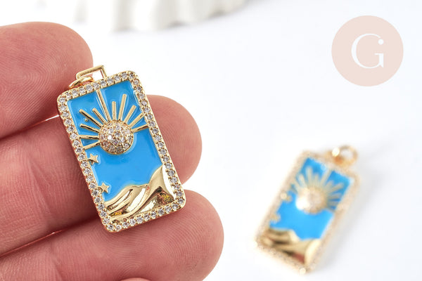Pendentif rectangle soleil laiton doré émail bleu ciel zircons 27mm, x1 G7568