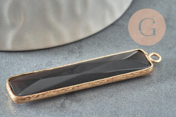 Pendentif rectangle verre noir chat facettes doré 46.5mm,pendentif verre création bijoux, x1 G5170