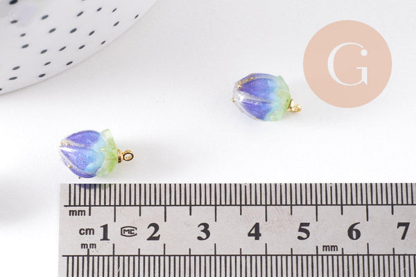Pendentif résine fleur séchée bleue 33mm, pendentif fleur de rose et or, x1 (G5698)