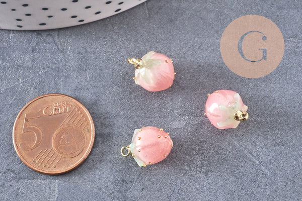 Pendentif résine fleur séchée rose rose 33mm, pendentif fleur de rose et or, création de bijoux originaux, x1 (G5697)