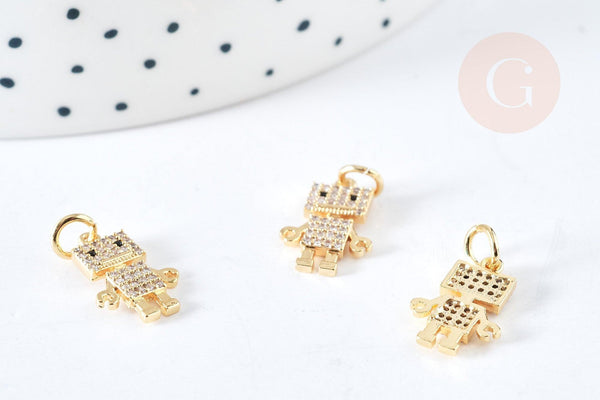 Pendentif robot cristal zircons en laiton doré 18K 14.5mm, breloque doré création bijoux, x1 G8439