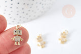 Pendentif robot cristal zircons en laiton doré 18K 14.5mm, breloque doré création bijoux, x1 G8439