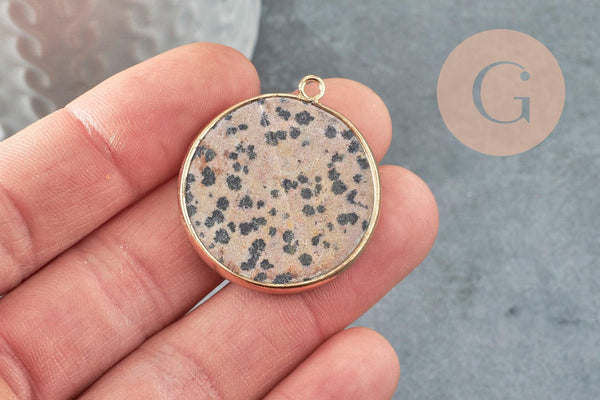 Pendentif ronc jaspe dalmatien naturel laiton doré 36mm, x1 (G2814)