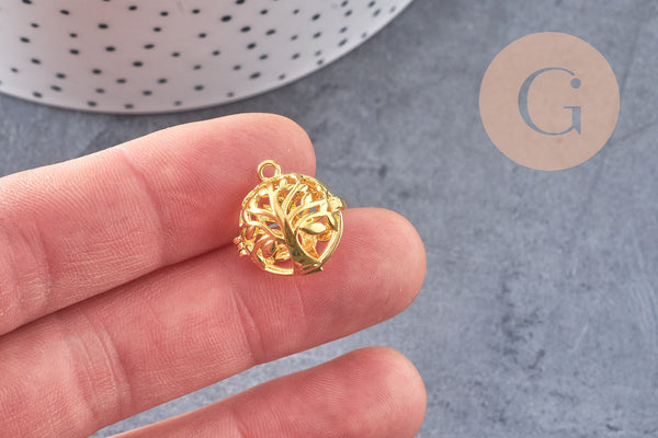 Pendentif rond Bola harmonie carillon laiton doré arbre de vie 17mm (DIAMETRE INTERIEUR 12 MM) sans carillon, x1 (G5989)