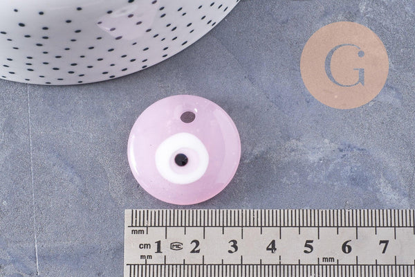 Pendentif rond Mauvais Oeil verre artisanal rose 30mm,création bijoux chance, x1 (G10096)