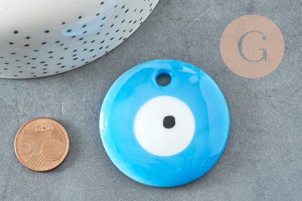 Pendentif rond Mauvais Oeil verre bleu ciel 50mm, x1 (G9444)