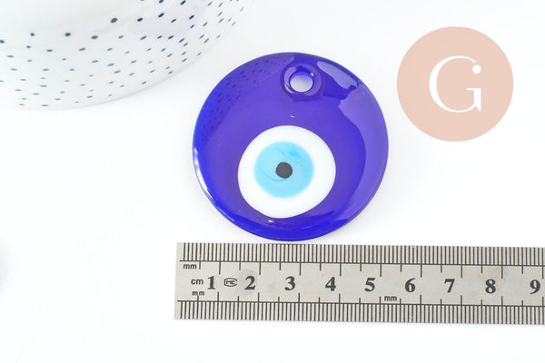 Pendentif rond Mauvais Oeil verre bleu roi 50mm, x1 (G9445)