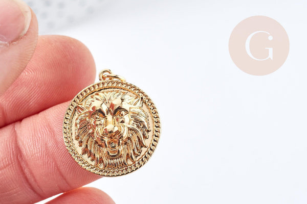 Pendentif rond Tête de Lion laiton doré 18K 22mm, fabrication bijoux fantaisie, x1 G8872