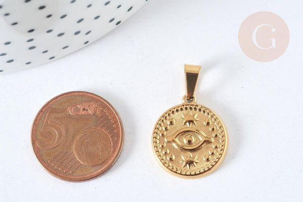 Pendentif rond acier 304 doré œil protecteur 20mm, création bijoux acier, x1 (G7386)