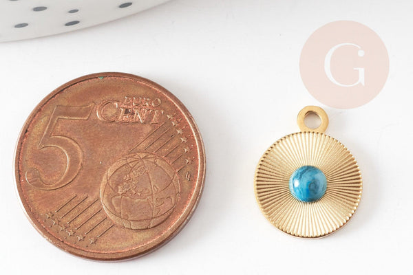Pendentif rond acier inoxydable 201 doré cabochon turquoise 15mm, x1 (G9281)