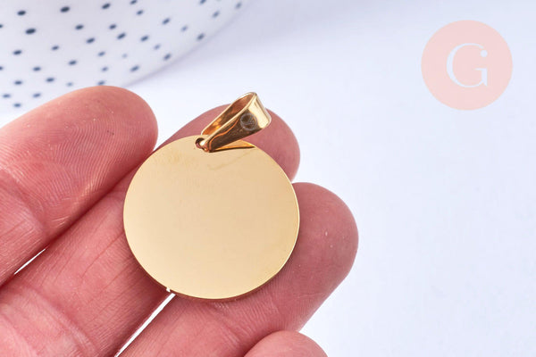 Pendentif rond acier inoxydable 304 doré à graver 25mm, x1 (G6874)