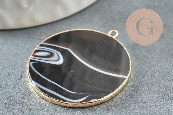 Pendentif rond agate rayée noir 32mm,Pendentif bijoux pierre naturelle, x1 G2987