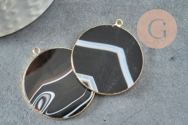 Pendentif rond agate rayée noir 32mm,Pendentif bijoux pierre naturelle, x1 G2987
