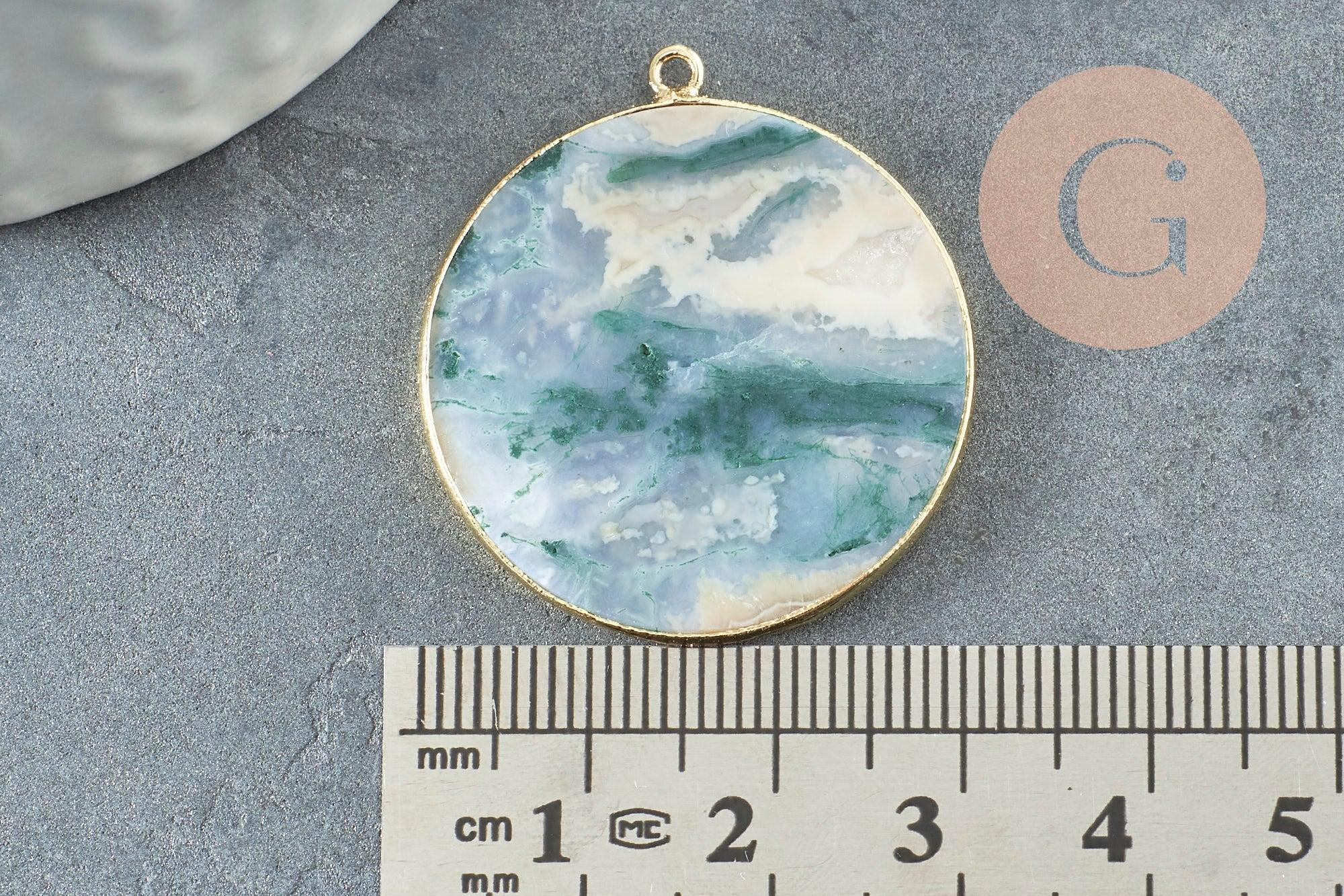Pendentif rond agate verte mousse naturel laiton doré 32mm, x1 (G2988)