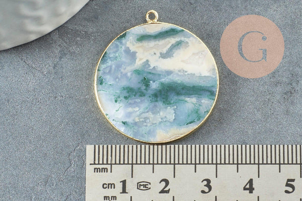 Pendentif rond agate verte mousse naturel laiton doré 32mm, x1 (G2988)