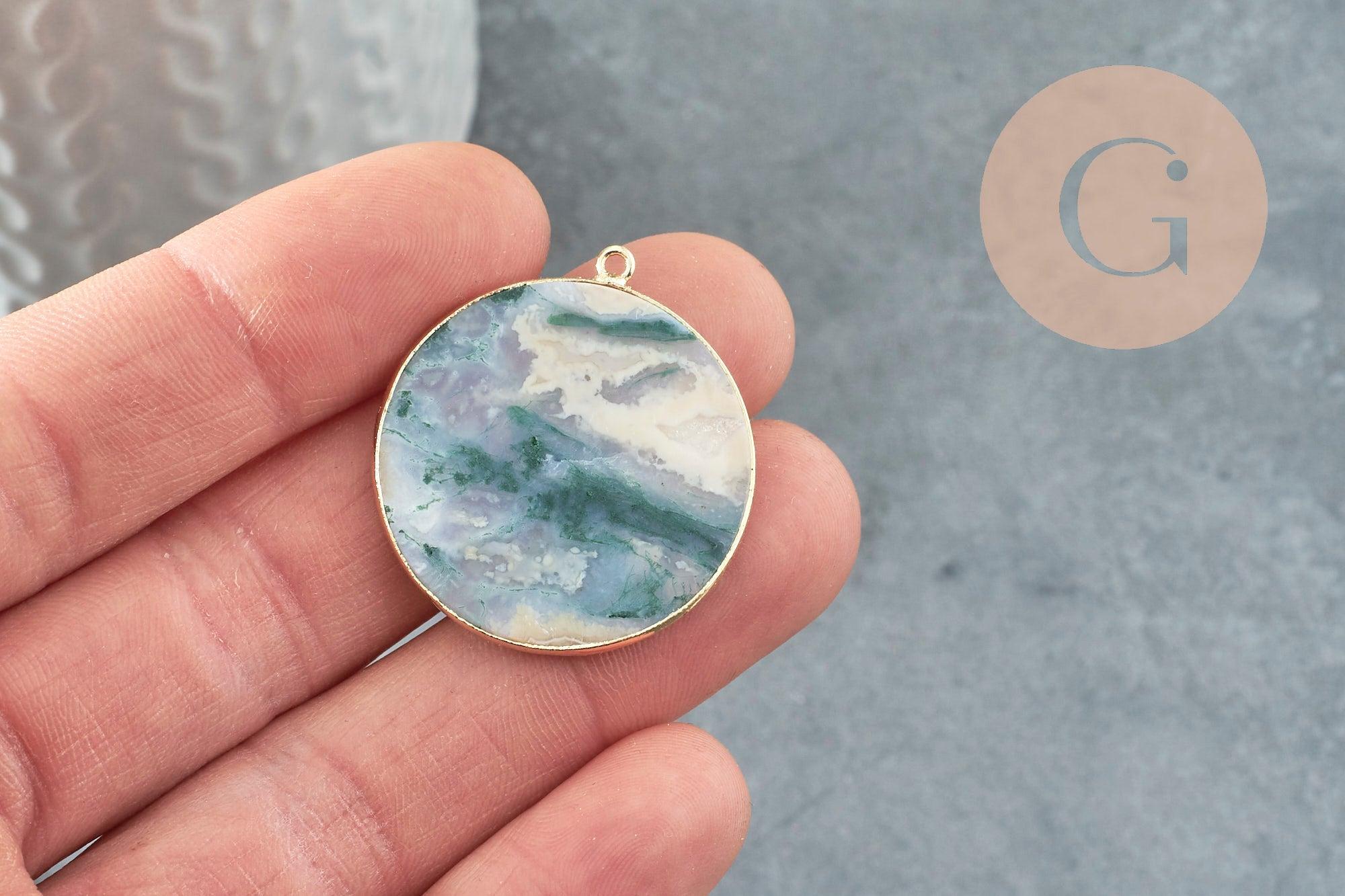 Pendentif rond agate verte mousse naturel laiton doré 32mm, x1 (G2988)