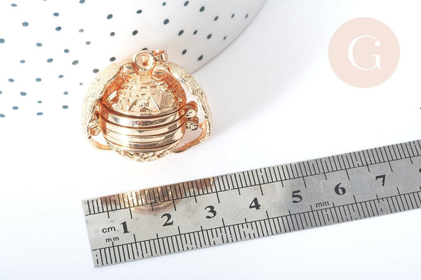 Pendentif rond ailes dépliant laiton doré 25,5mm, porte-photos, bijou original, x1 (G8065)