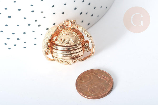 Pendentif rond ailes dépliant laiton doré 25,5mm, porte-photos, bijou original, x1 (G8065)