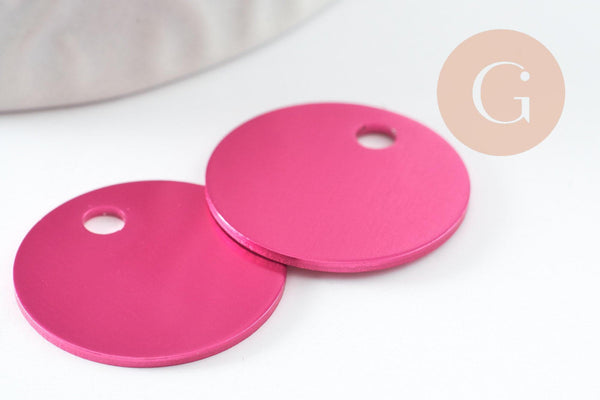 Pendentif rond aluminium rose fuchsia à graver 20mm, x1 (G10186)